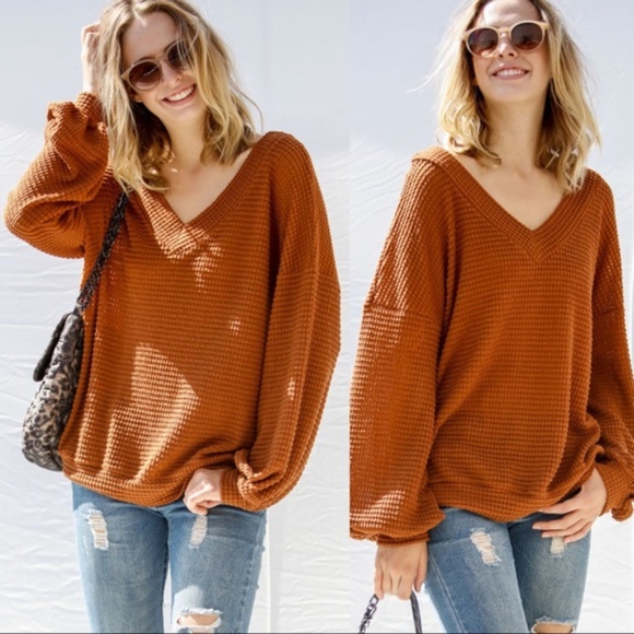 LAST ONE! Relaxing V-Neck Long Sleeve Top-Rust - Picture 3 of 3